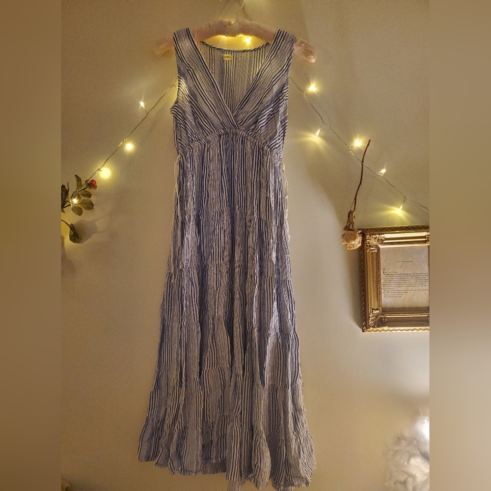 Blue Pinstripe Tiered Maxi Dress Small